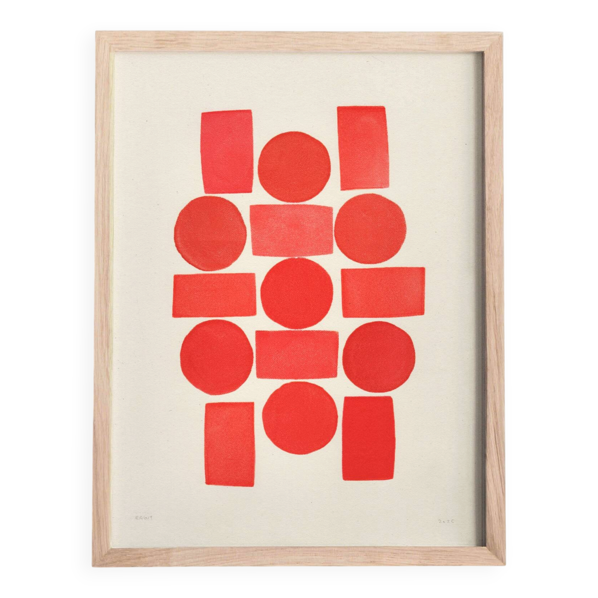 Abstract painting 30x40 geometric illustration in red signed Eawy.
