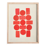 Abstract painting 30x40 geometric illustration in red signed Eawy.