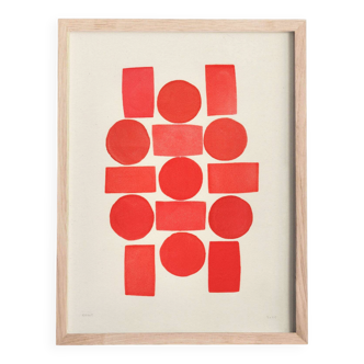 Abstract painting 30x40 geometric illustration in red signed Eawy.