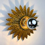 Spanish sunburst flush mount light fixture in gilt iron, circa 1960s
