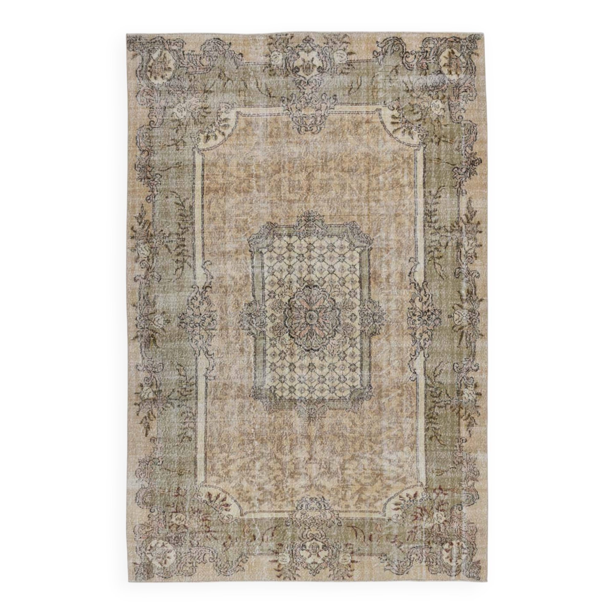 7x10 Turkish Cream & Green Persian Rug, 209x319Cm