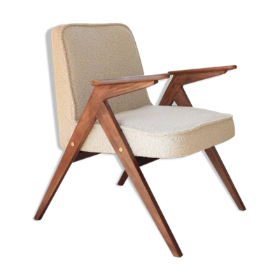 Fauteuil vintage en bouclé gris et blanc, design scandinave.