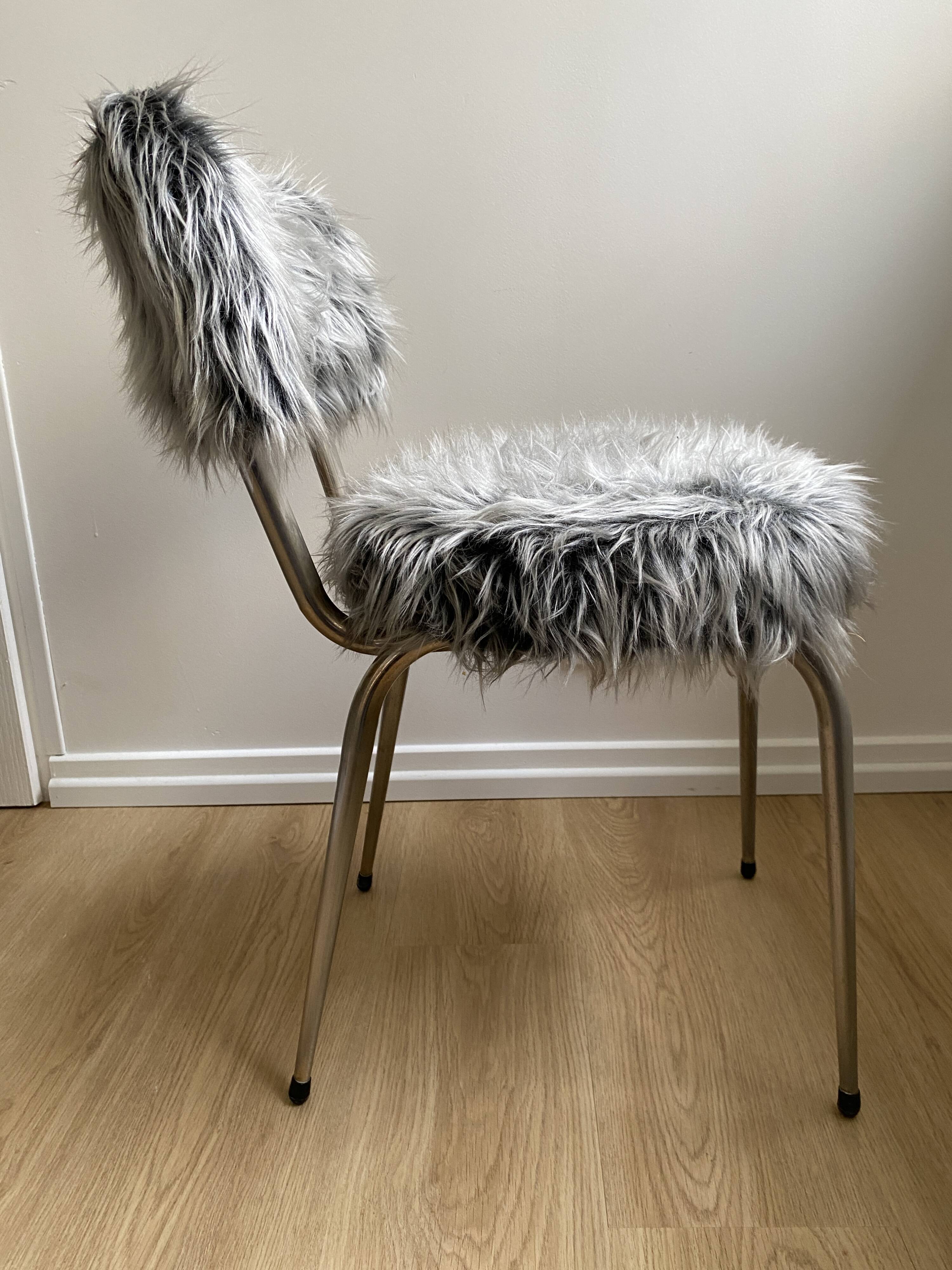 Vintage chair, gray long-haired synthetic fur