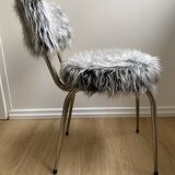 Vintage chair, gray long-haired synthetic fur