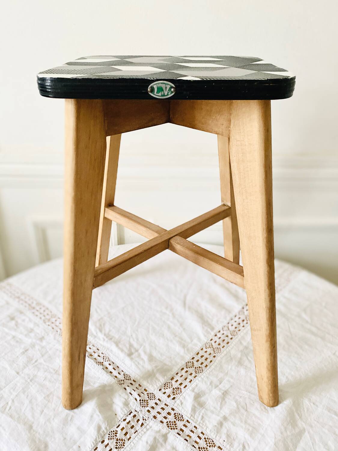 Vintage LV brand wood and formica stool from the 1950s