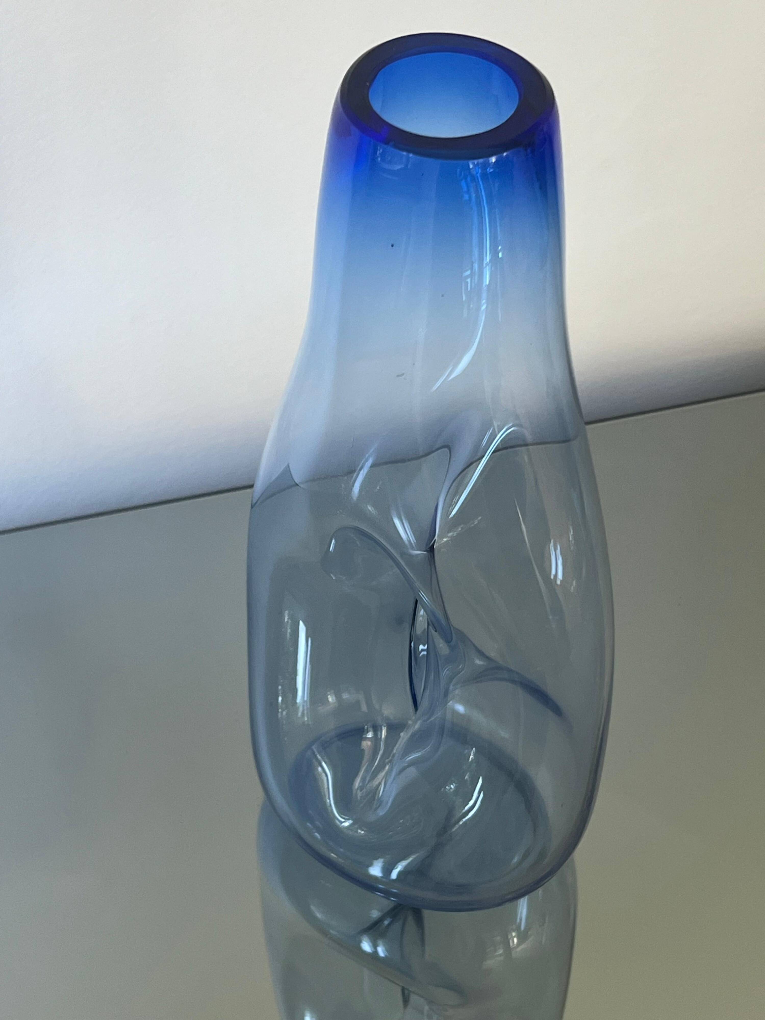 Beautiful Vintage Murano Modern Vase, Blue and Clear Glass, 1970's