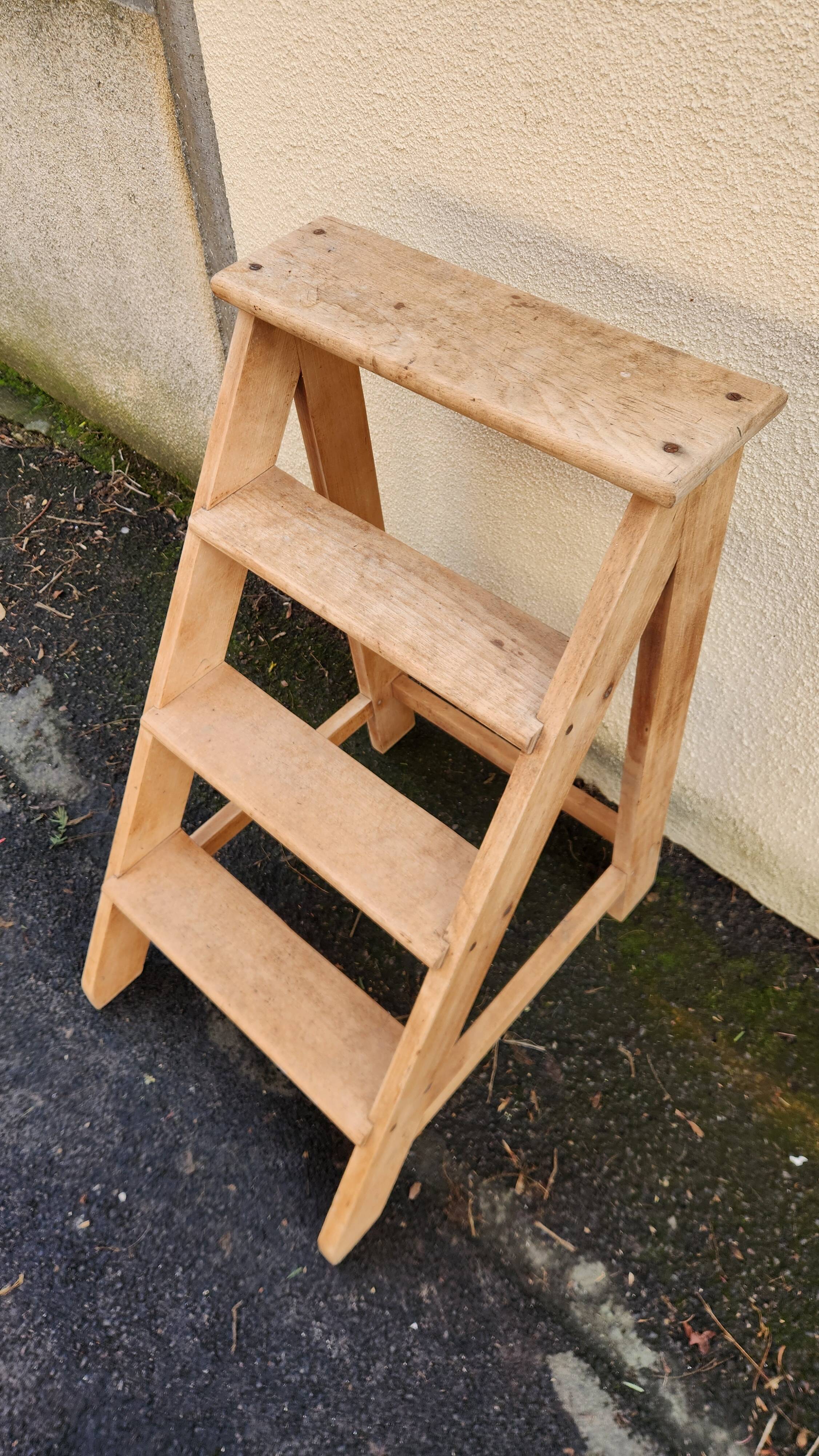 Solid wood step stool, sanded, from the 1960s-1970s.