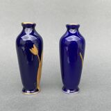 Pair of 1900 Limoges vases with blue background and gold highlights, R. Rosier decorations