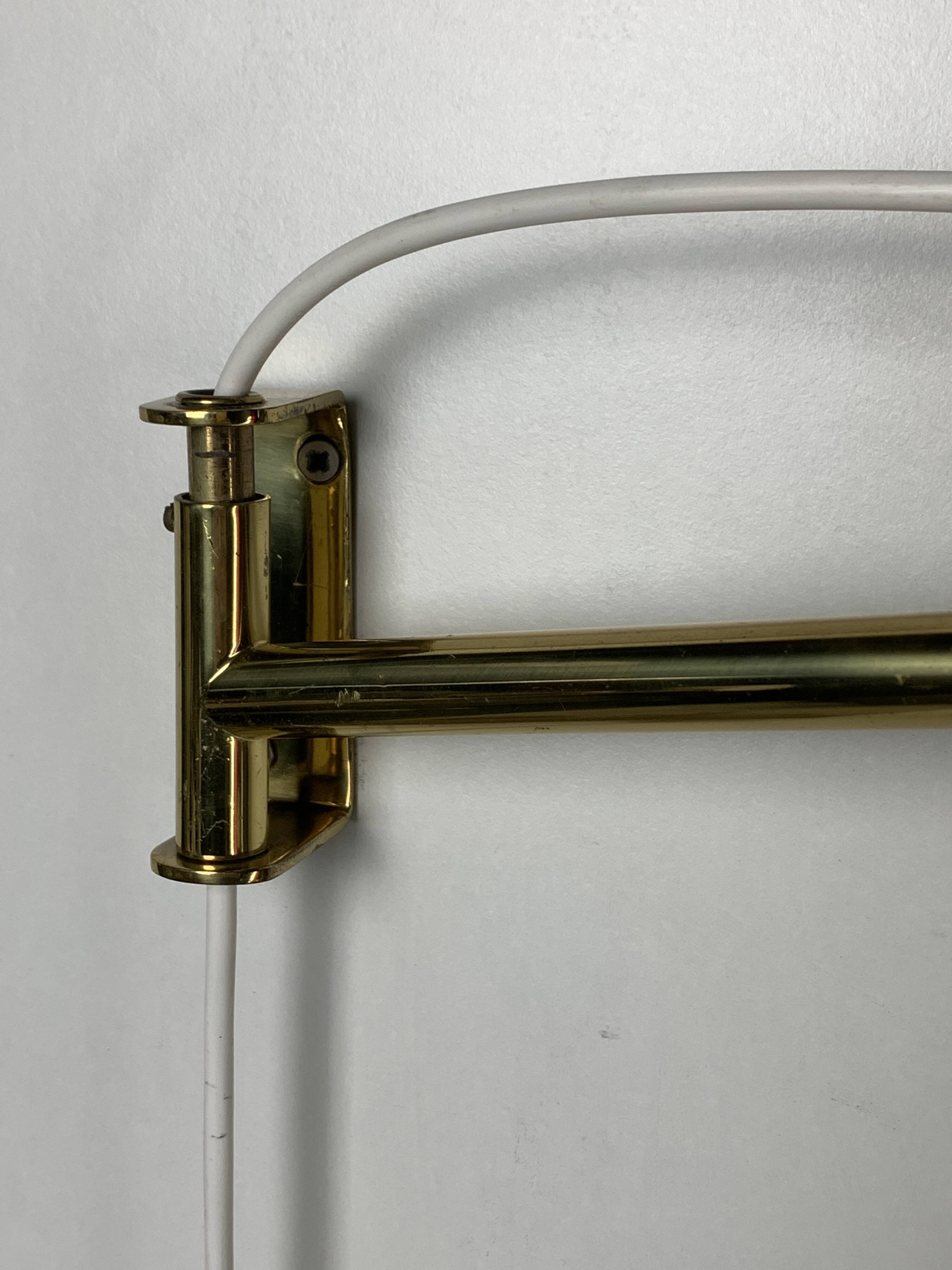 Midcentury extendable brass wall mount with cocoon and sisal shade Lars Schioler, 1960s