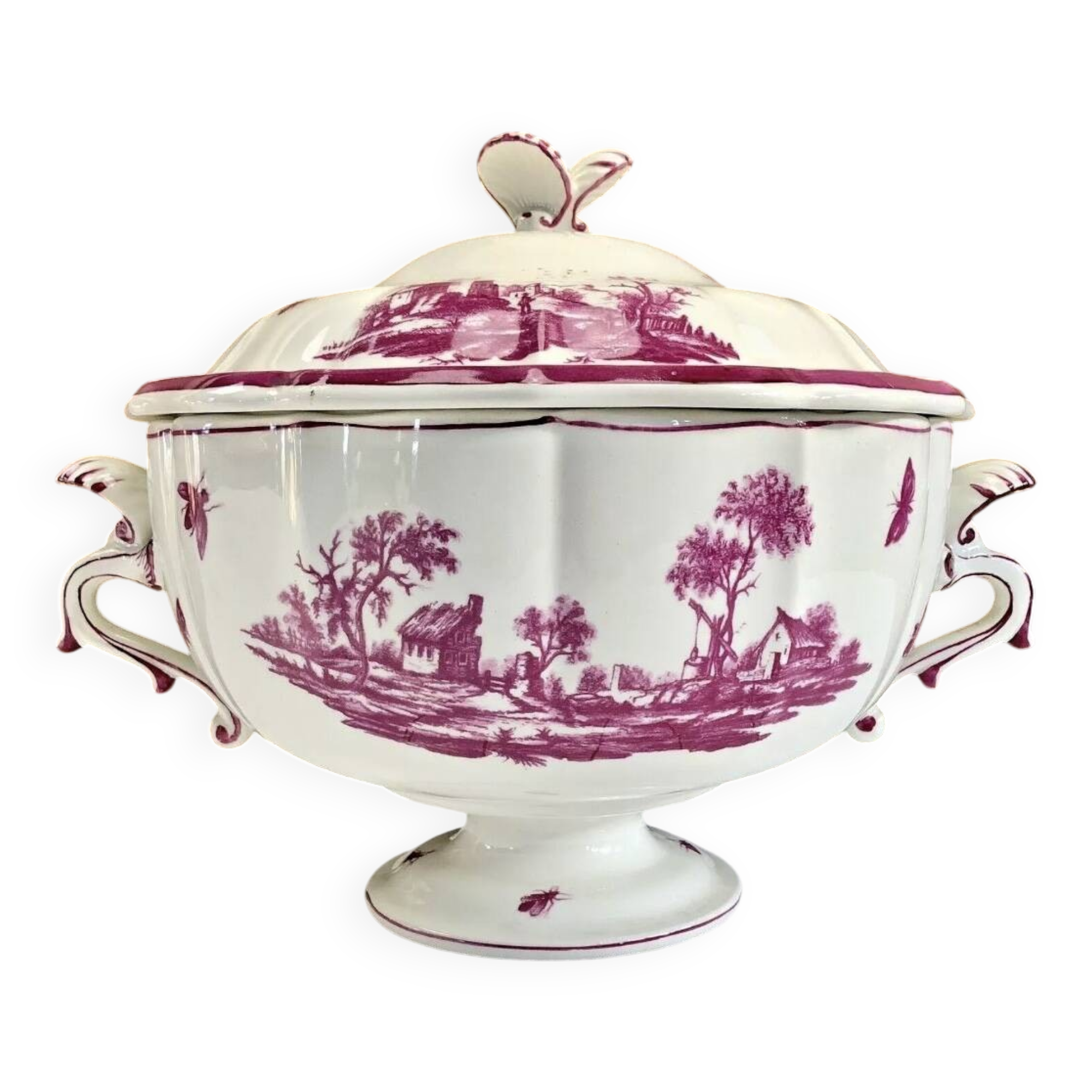 Antique large Gien vegetable soup tureen, pink landscape model, 1938/1960