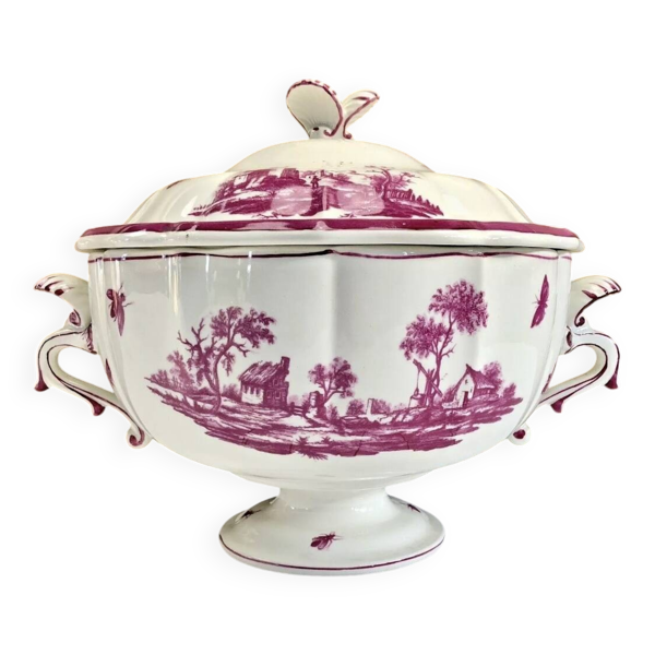 Ancienne grosse soupière légumier Gien modèle paysage rose 1938/1960