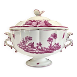 Antique large Gien vegetable soup tureen, pink landscape model, 1938/1960