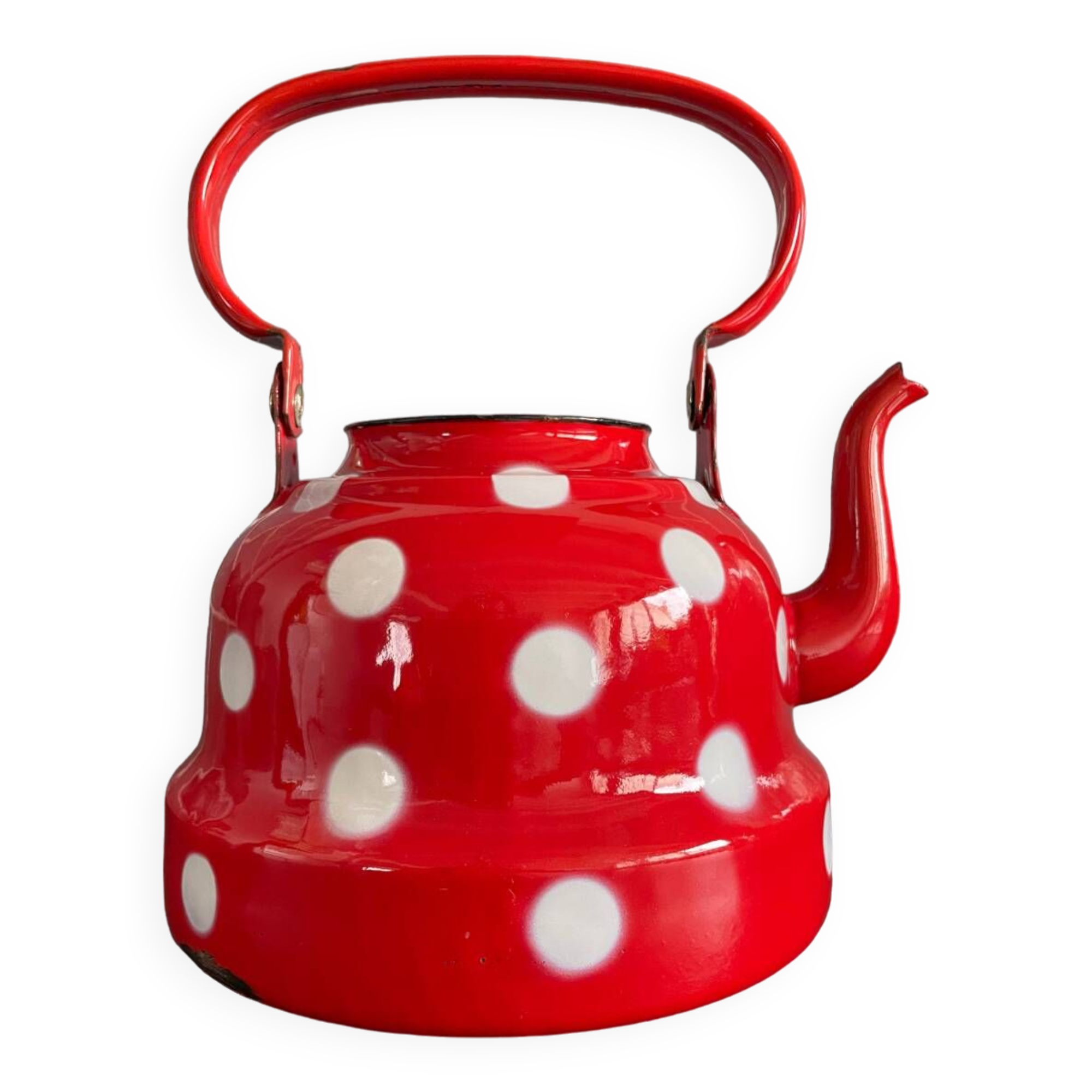 Red enameled sheet metal kettle with white polka dots