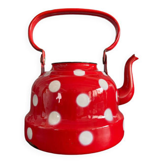 Red enameled sheet metal kettle with white polka dots