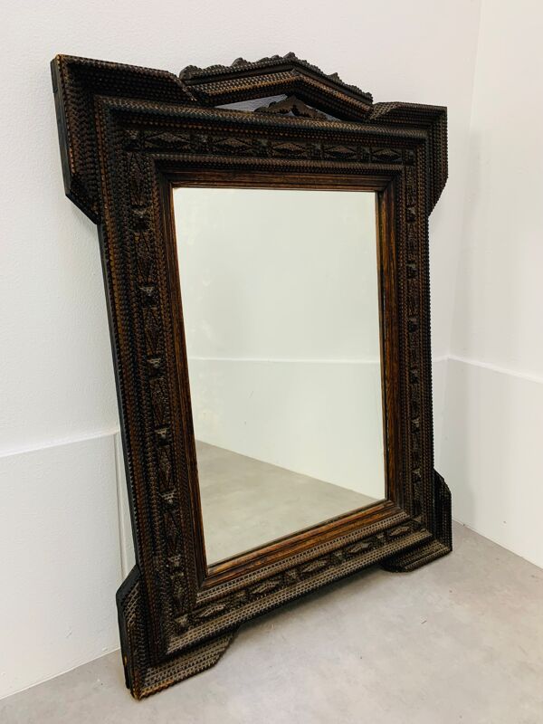 Miroir ''tramp art'' art populaire 103 x 76 cm