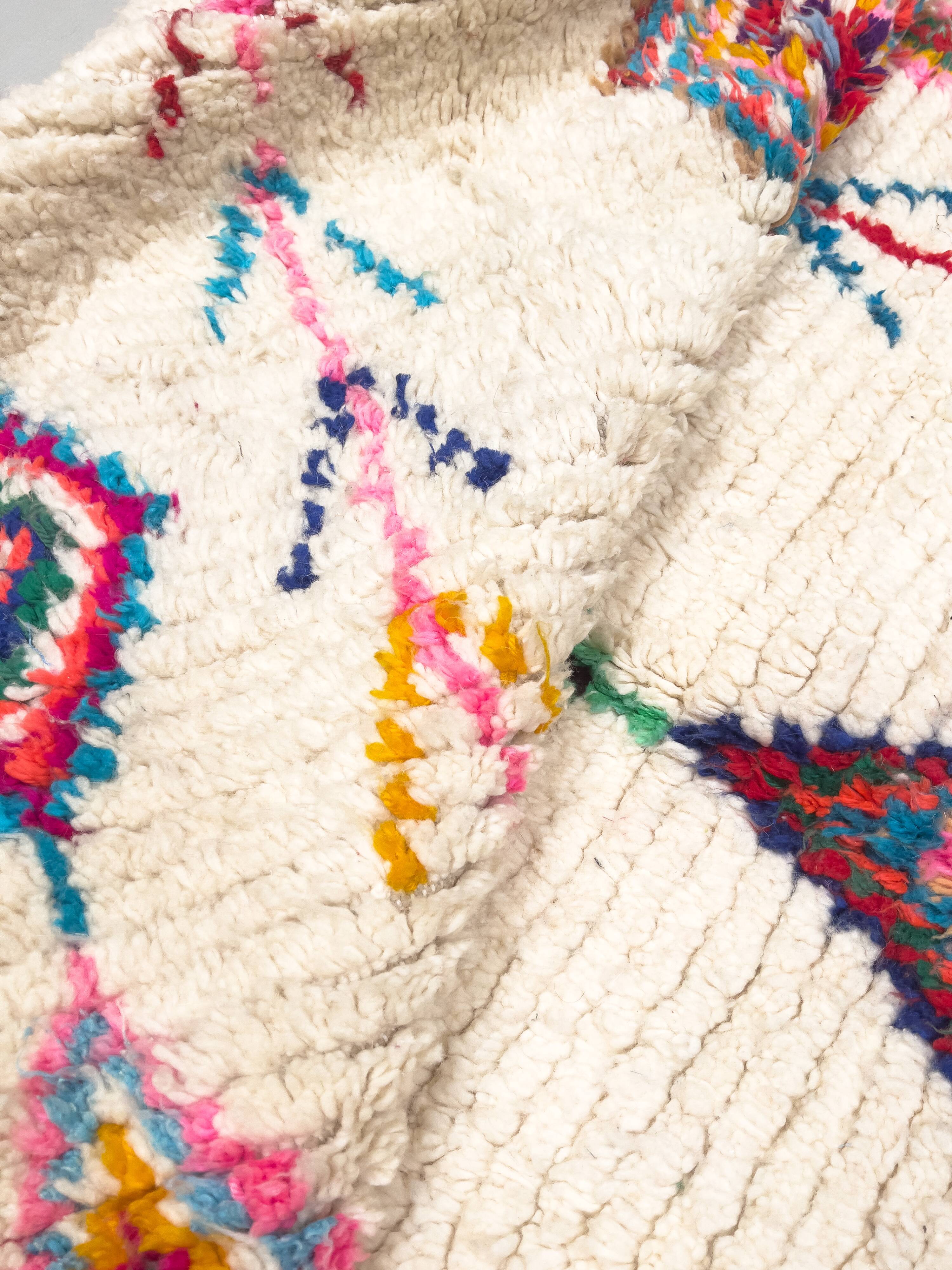 Moroccan Berber rug Azilal, ecru with colorful patterns, 2.10x1.54m