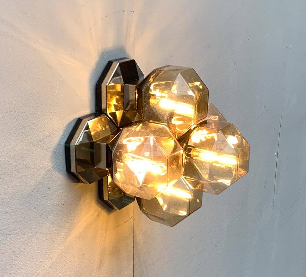 Vintage German wall or ceiling lamp from the space age in chrome and glass by Motoko Ishii for Staff, 1970s.