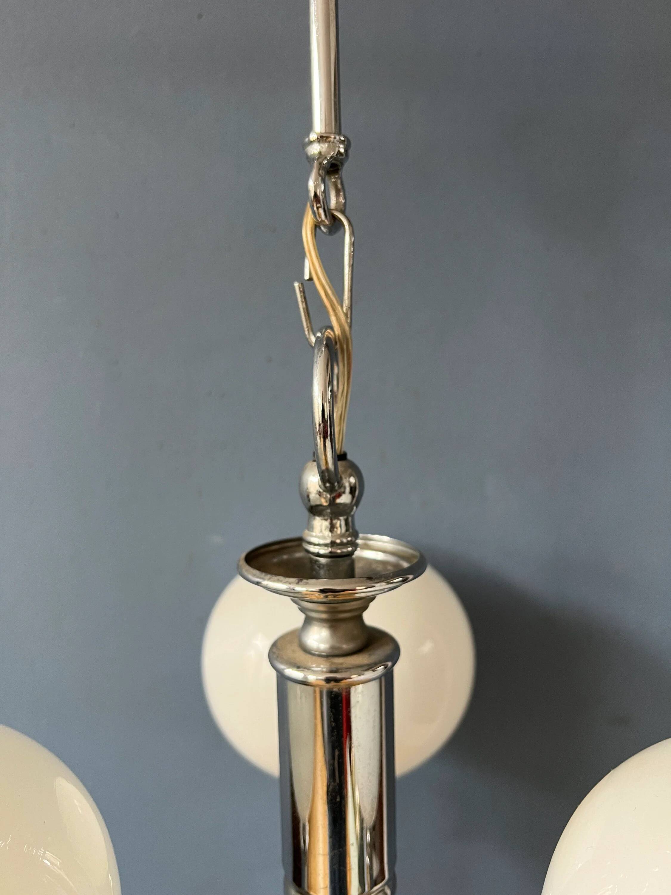 Mid-Century opaline glass chandelier with chrome structure