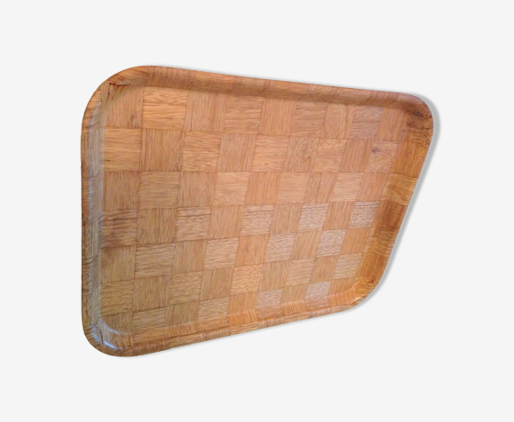 Plateau imitation bois tressé vintage années 60-70