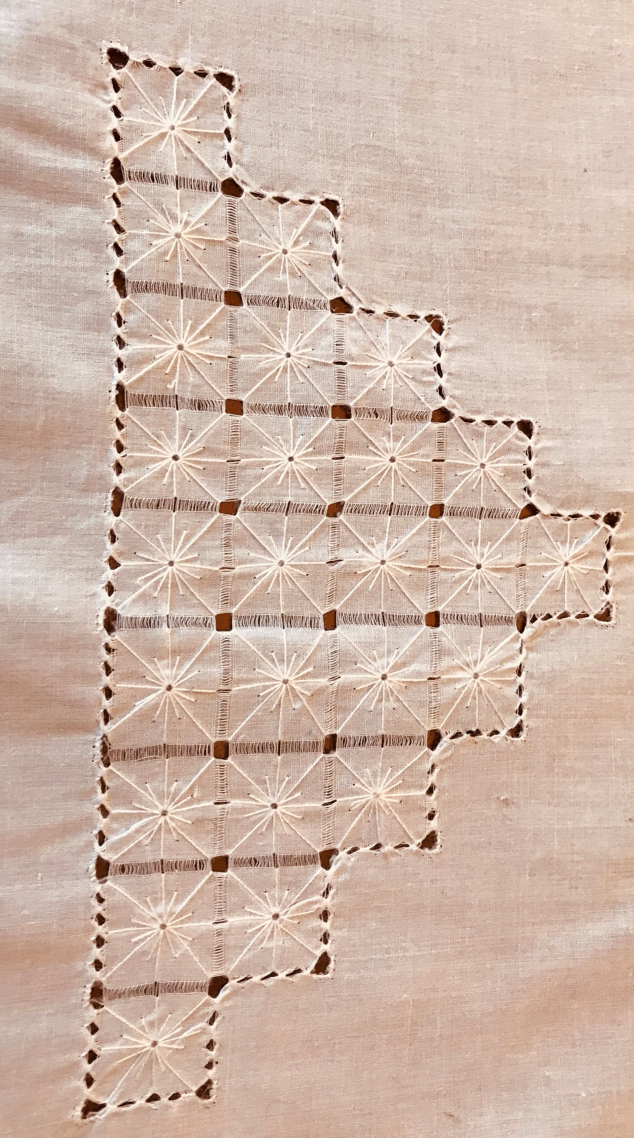 OLD TABLECLOTH WITH HAND EMBROIDERY--DAY SCALE WORKS IN V