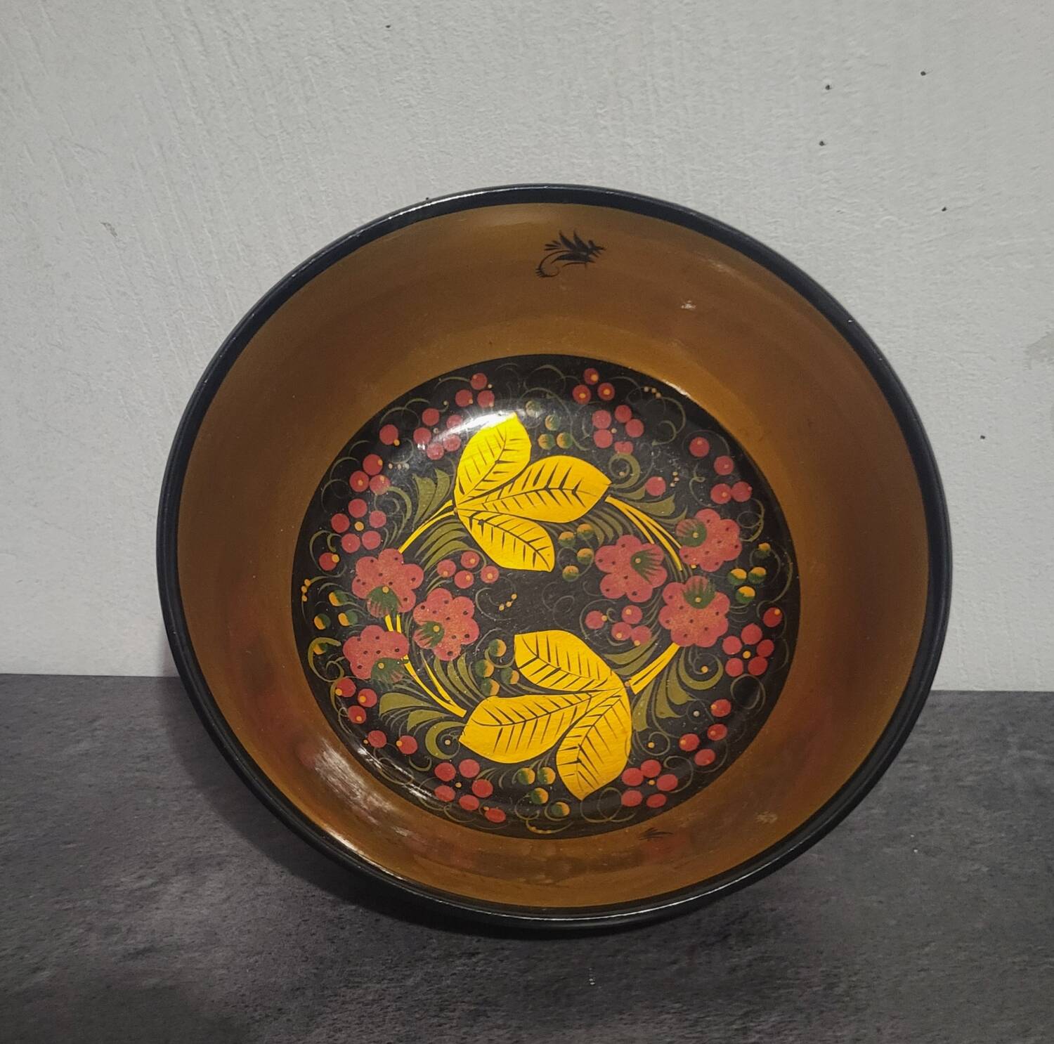 Vintage Soviet Khokhloma wooden bowl in excellent condition.