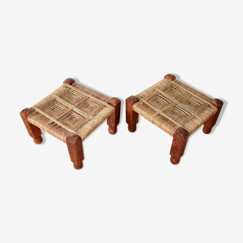 Pair of Charpoy d'inde stools in braided rope
