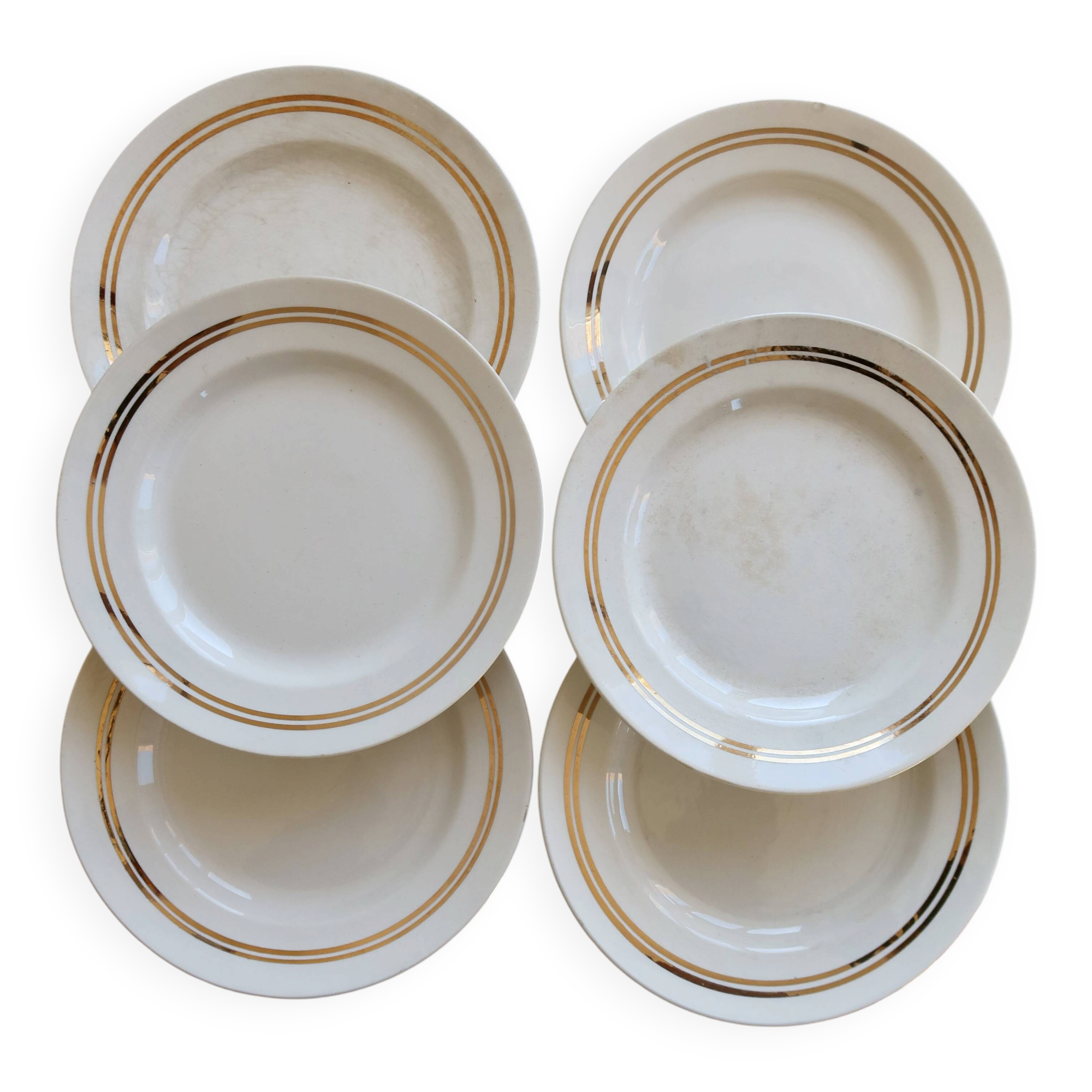 6 plates vintage ivory faience with gold trim
