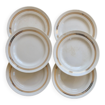 6 plates vintage faïence ivoire liserées dorés