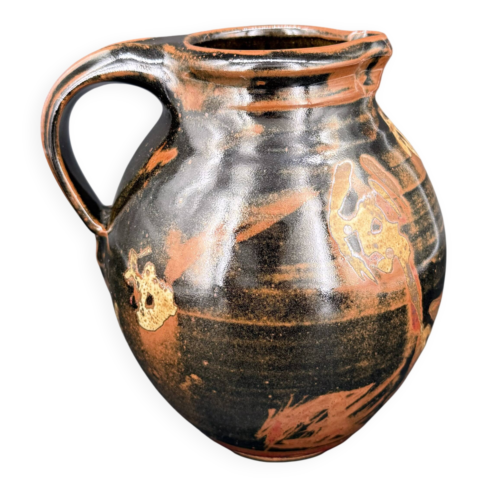 Signed black and red glazed stoneware pitcher, French artisanal ceramics