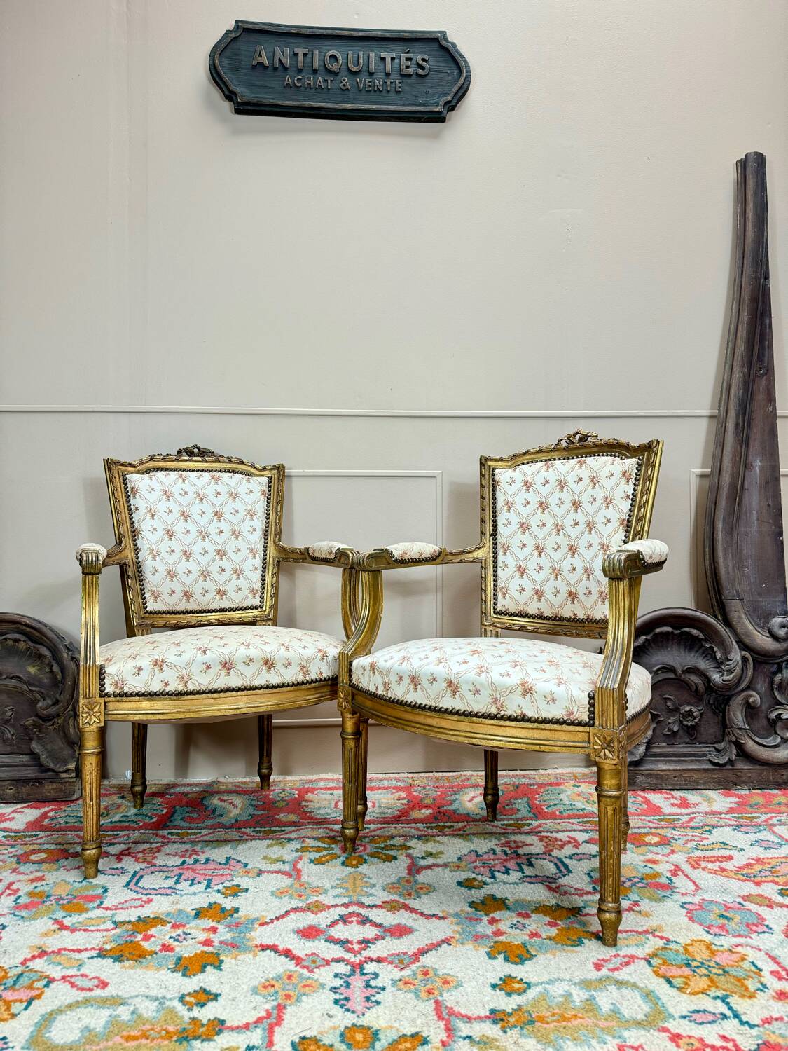 Pair of louis xvi style gilded wood armchairs, 19th century