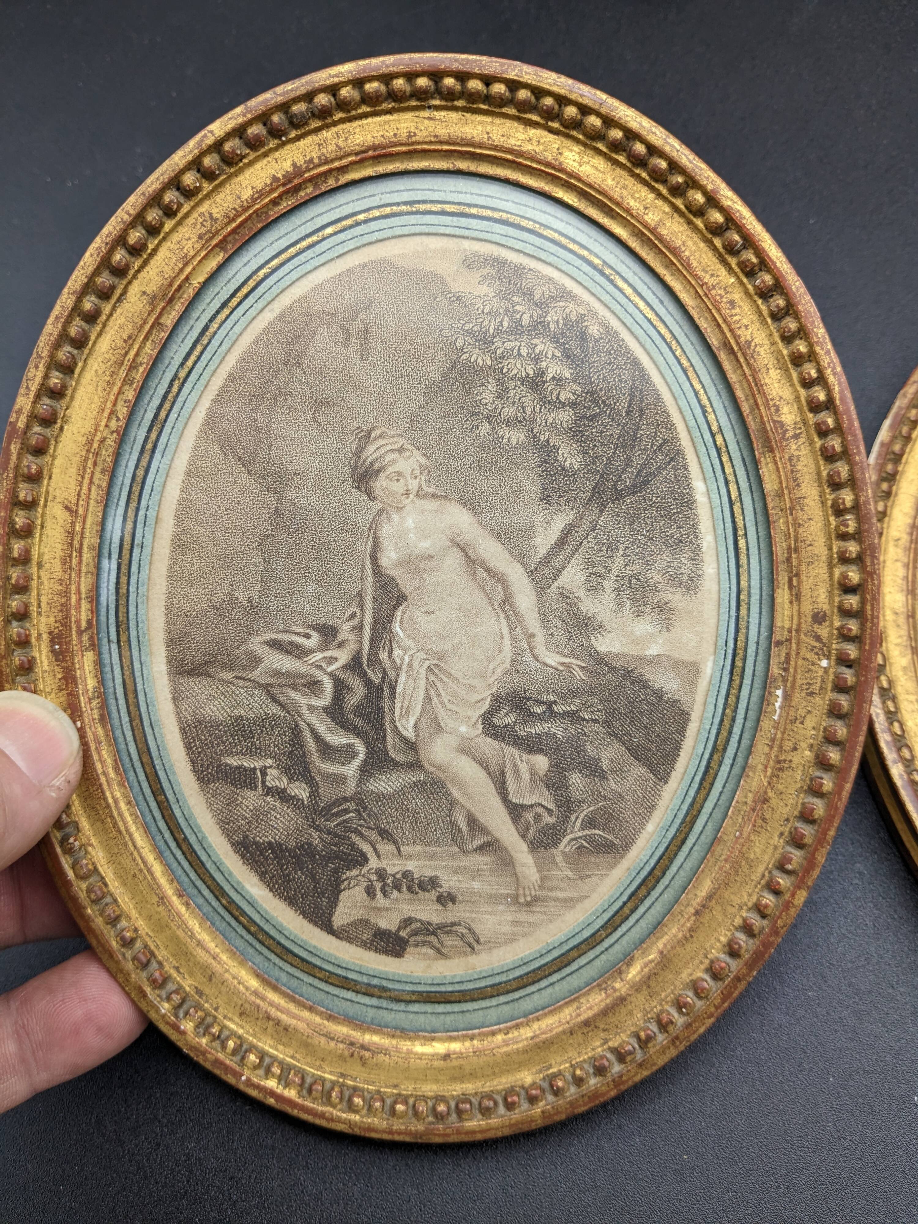 Pair of engravings Diane au bain XIX th gilded wood frame