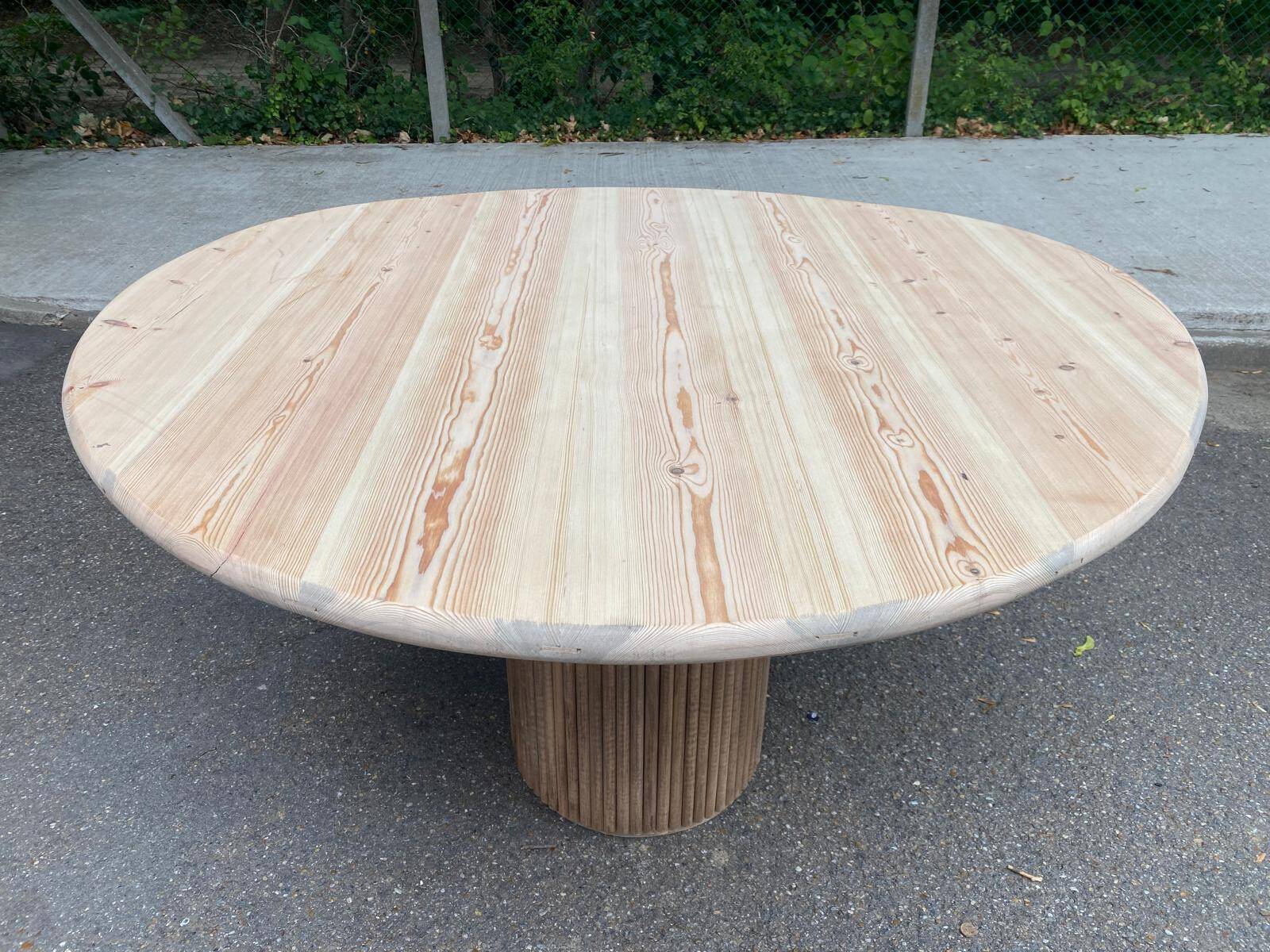 Scandinavian round dining table with a central base, stripped, made of solid raw wood, 90.