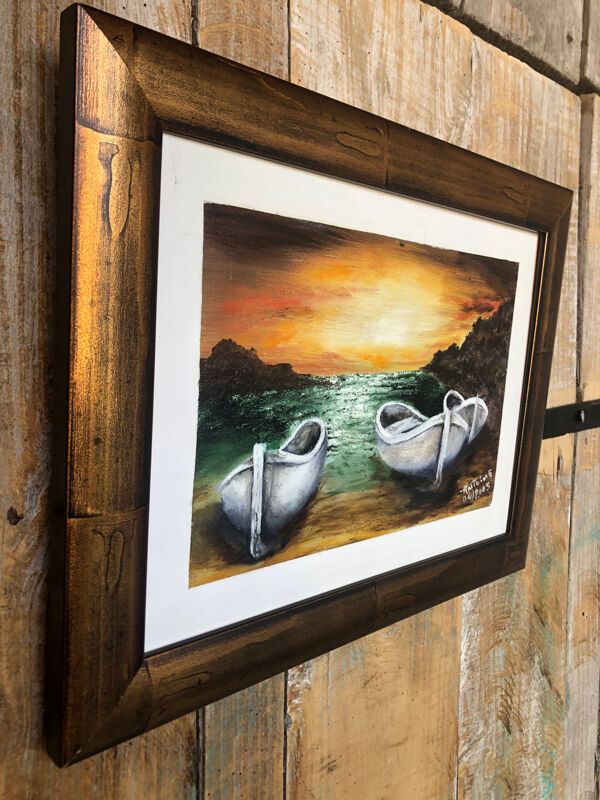 Tableau huile antoine barques bord de mer + cadre bois doré #a220
