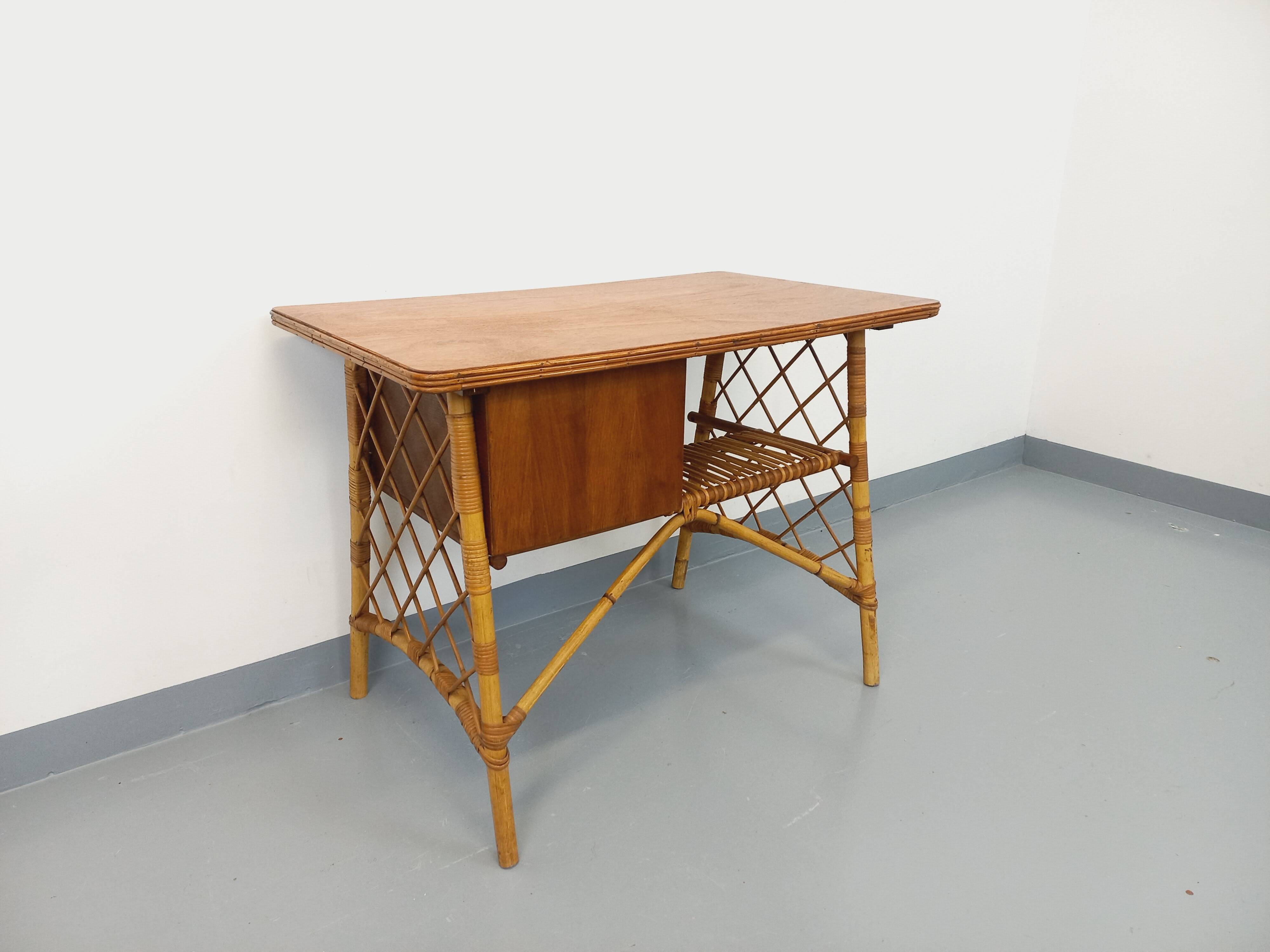 Vintage Louis Sognot desk in rattan and wood from the 1960s