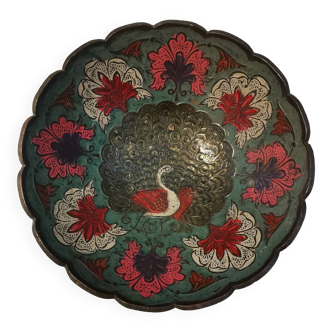 Old Indian brass bowl with peacock decoration