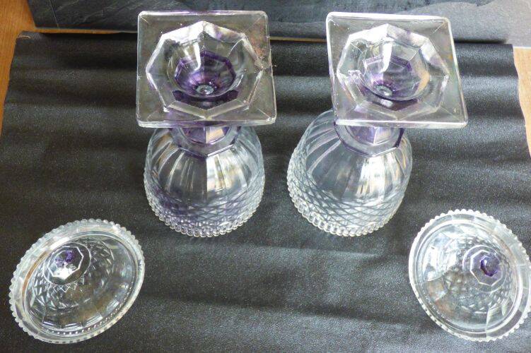 2 antique glass bonbonnières in the shape of pine cones.