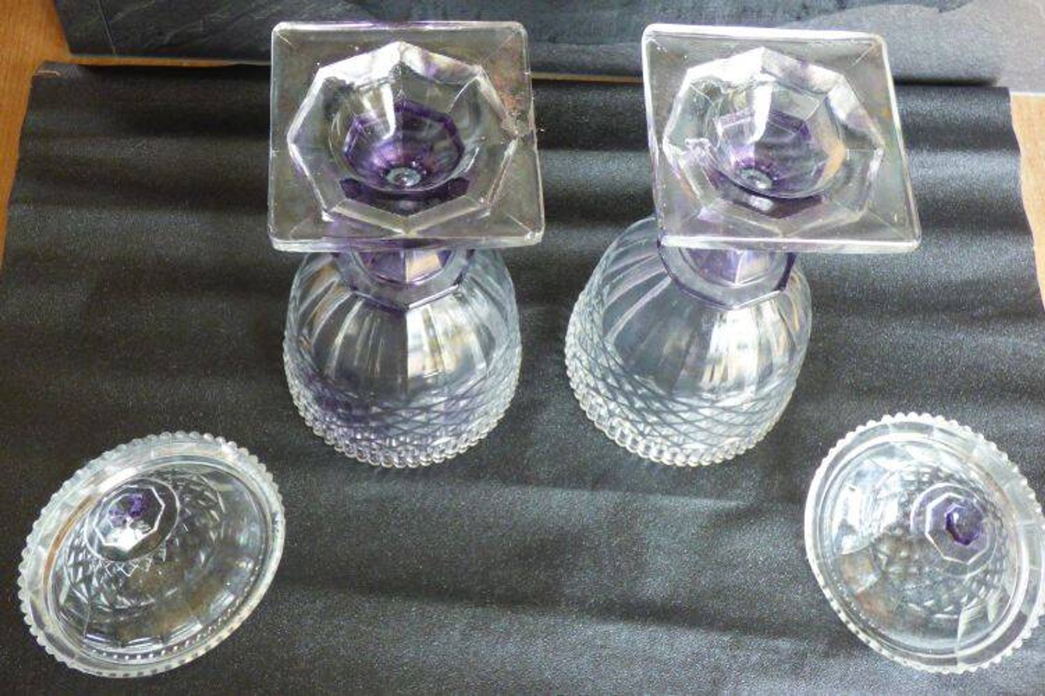 2 antique glass bonbonnières in the shape of pine cones.