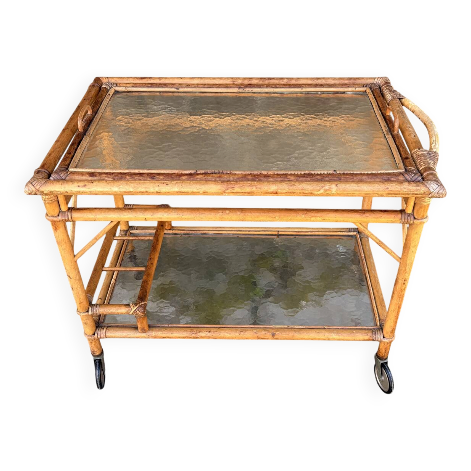 Vintage rolling dessert trolley in rattan, removable tray, Riviera style, 50s-60s.