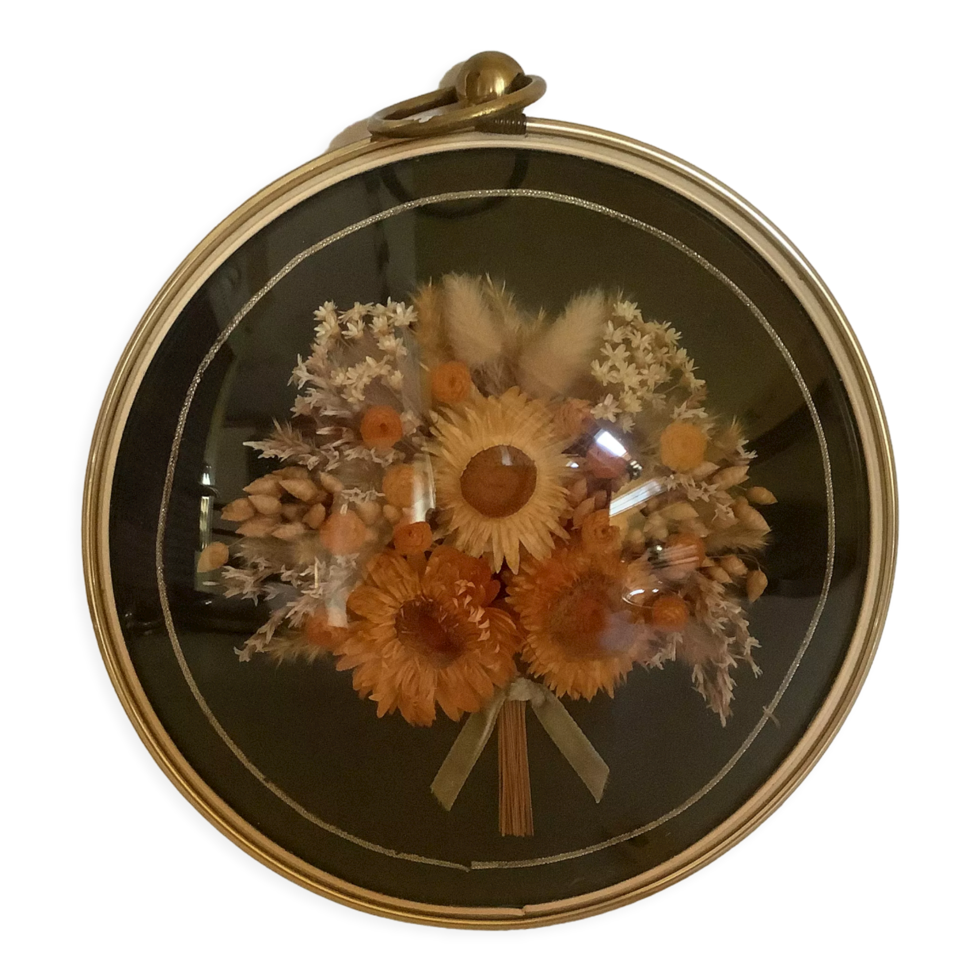 Old round frame curved glass dried flowers immortelle