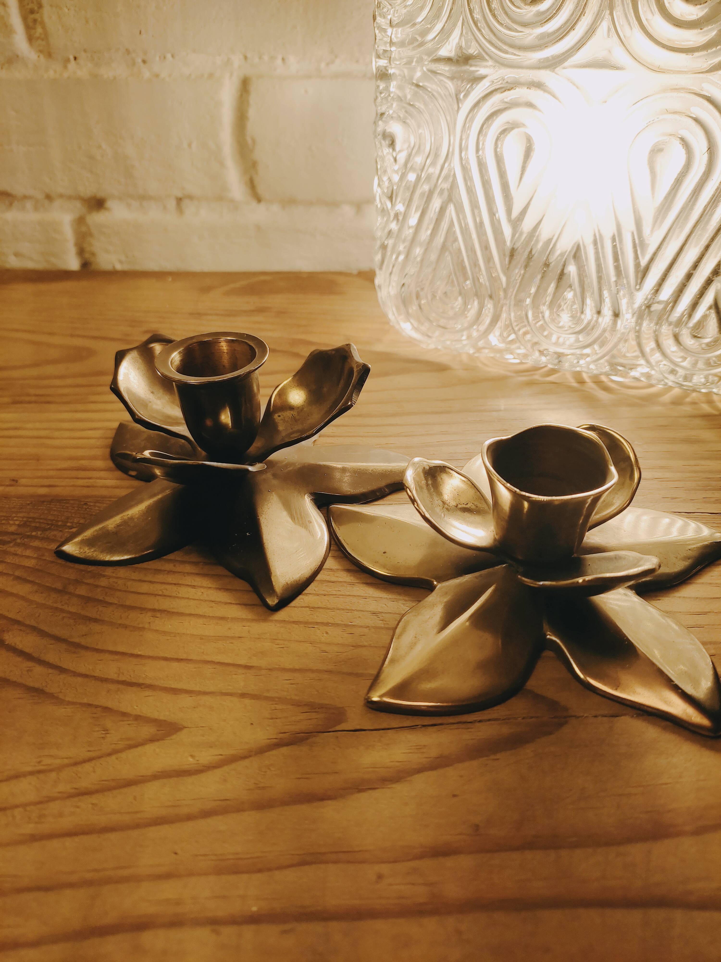 Duo of brass star candle holders