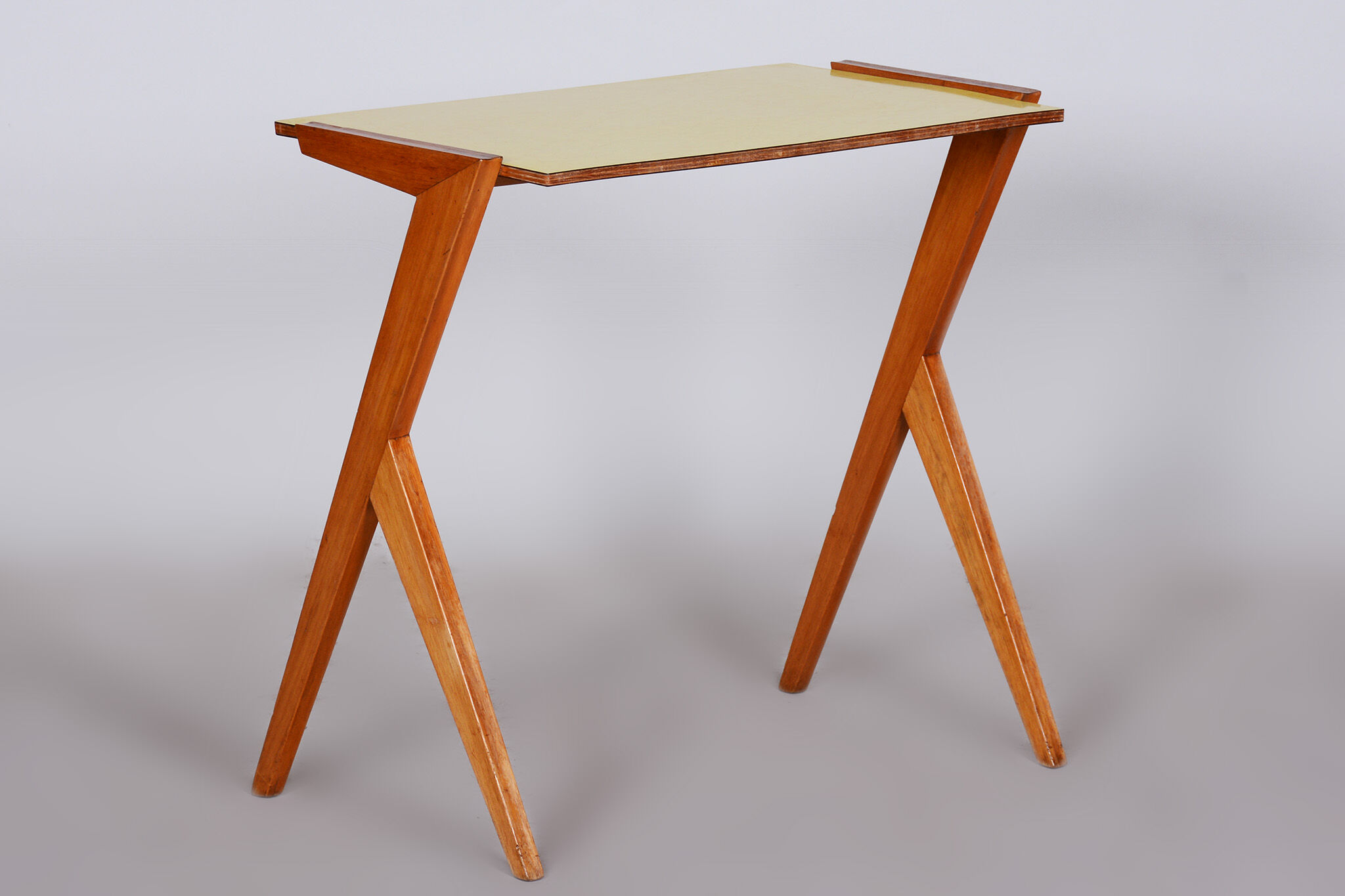 Midcentury small yellow table, beech, umakart, restored, Czechia, 1950s