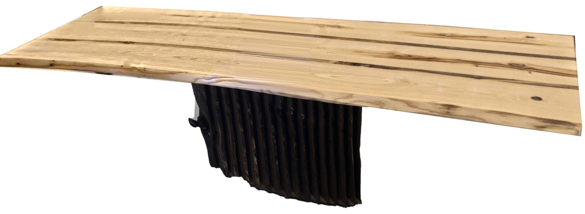 Chestnut and walnut solid table and benches with a central leg.