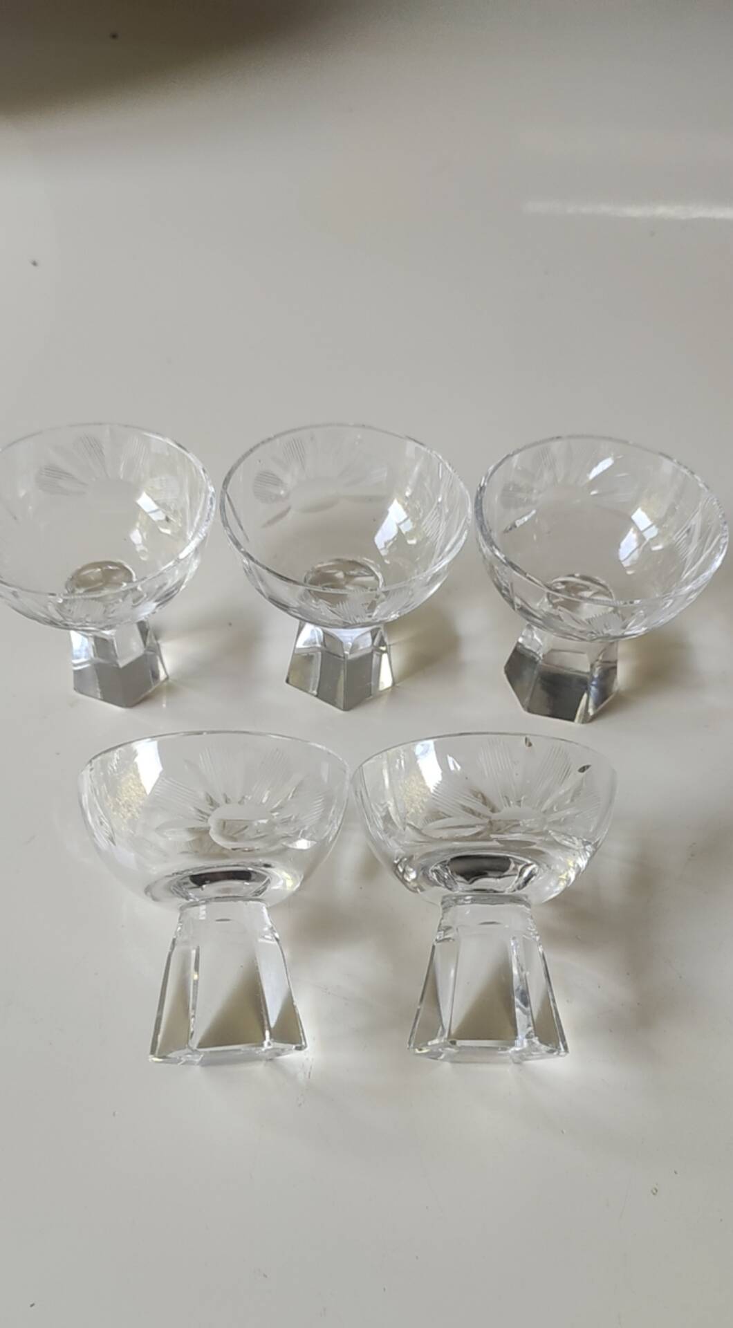 Lot of 5 Small Digestif/Liqueur Glasses. Cut Bohemian crystal. Floral.