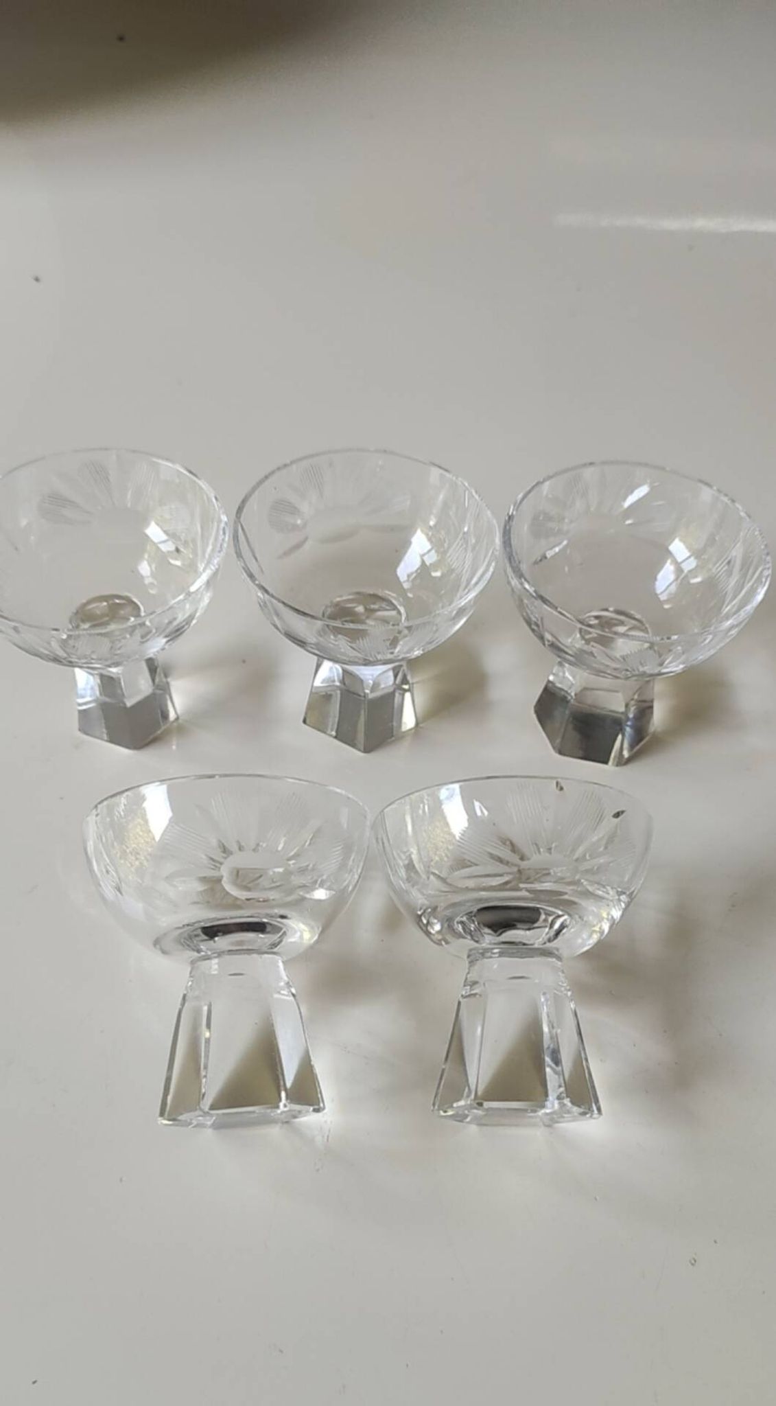 Lot of 5 Small Digestif/Liqueur Glasses. Cut Bohemian crystal. Floral.