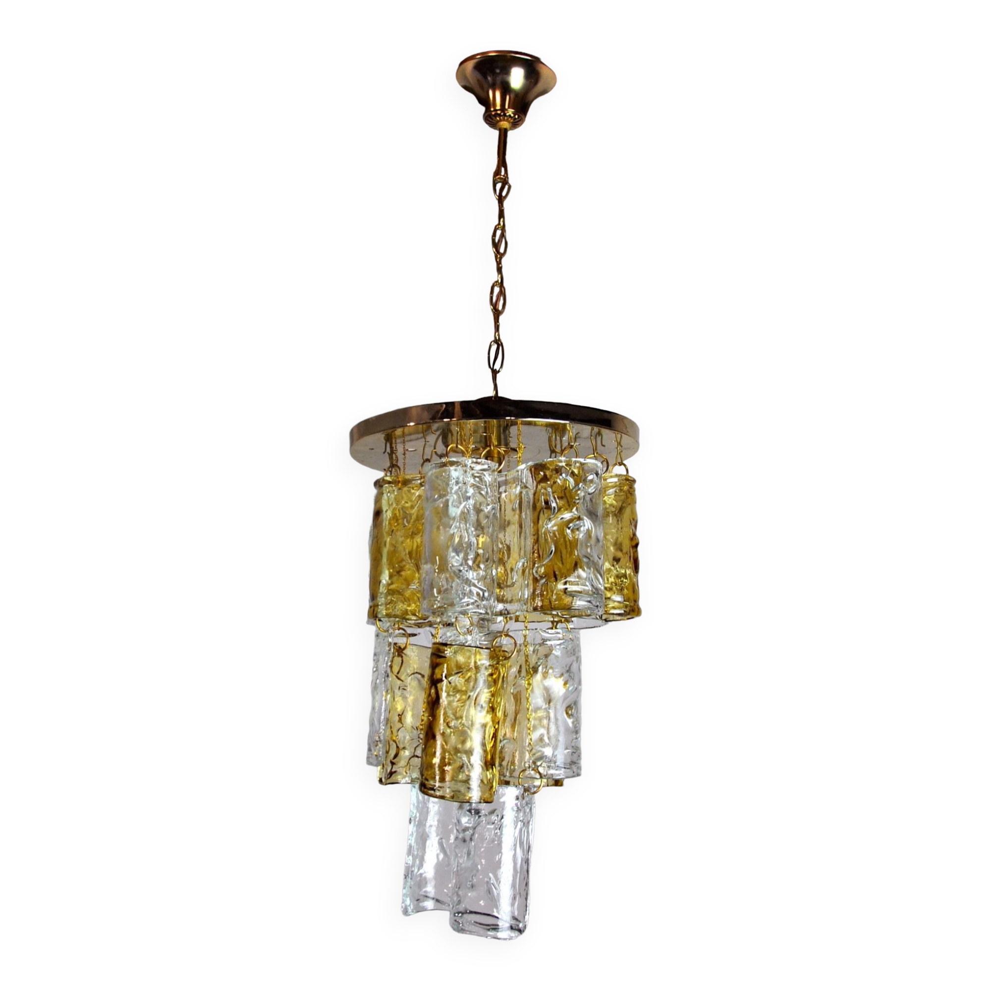 Two-tone chandelier by Zero Quattro, 3 levels, orange and transparent murano glass, Italy, 1970