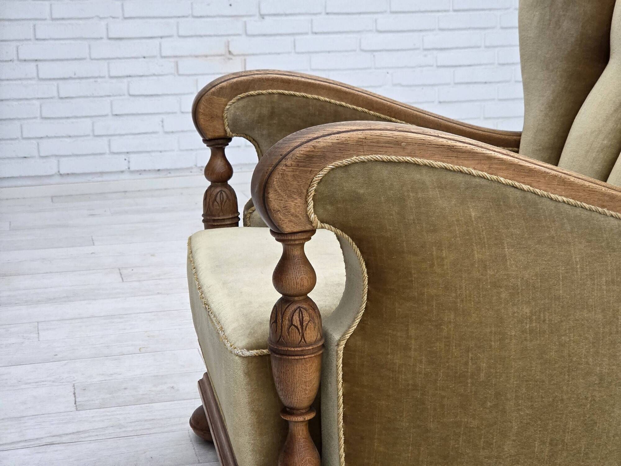 1960s, Danish armchair, green furniture velour, solid carved oak wood.
