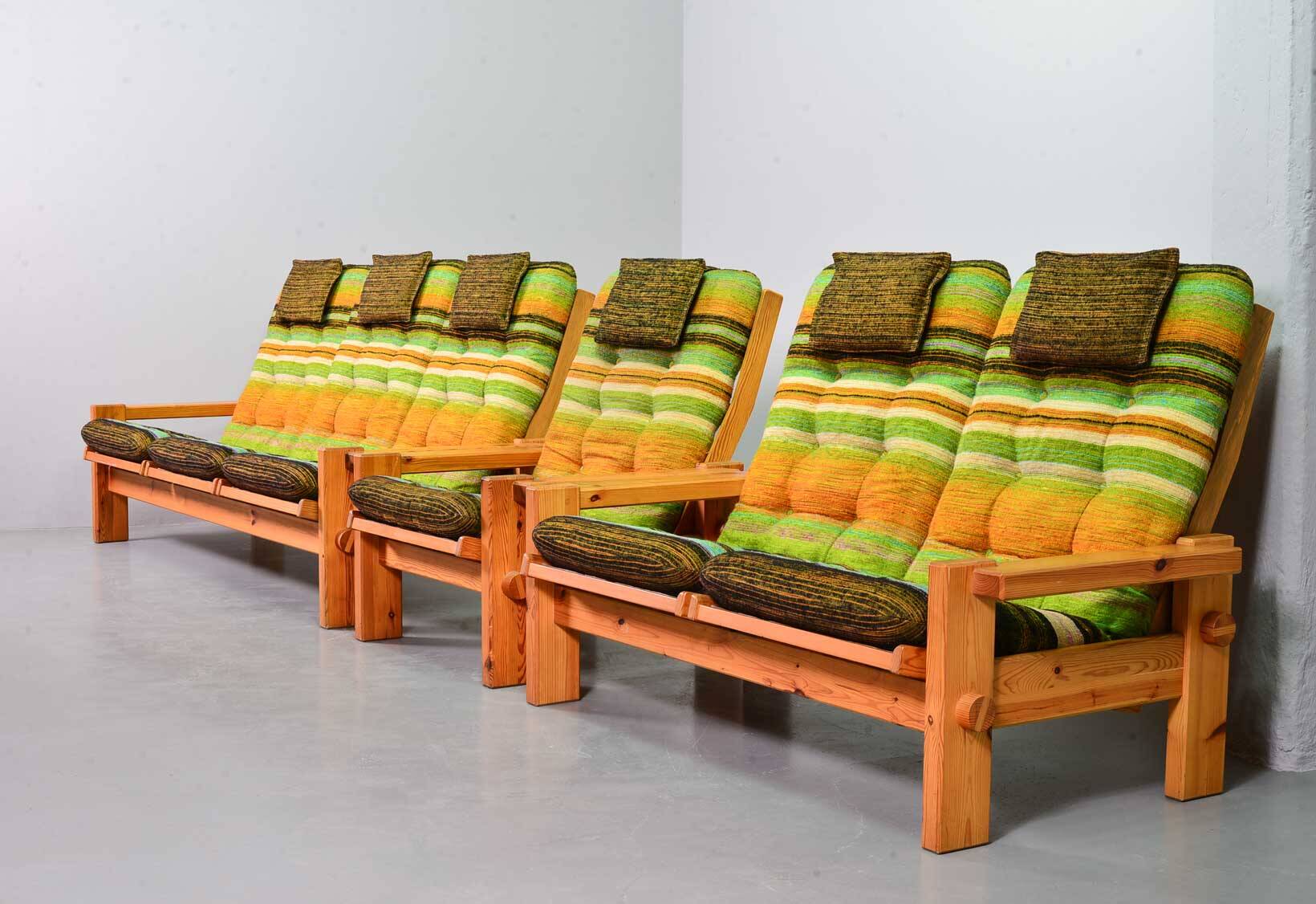 Rainbow Color Yngve Ekstrom Pinewood 3-Seat Dymling Sofa for Swedese 1970s
