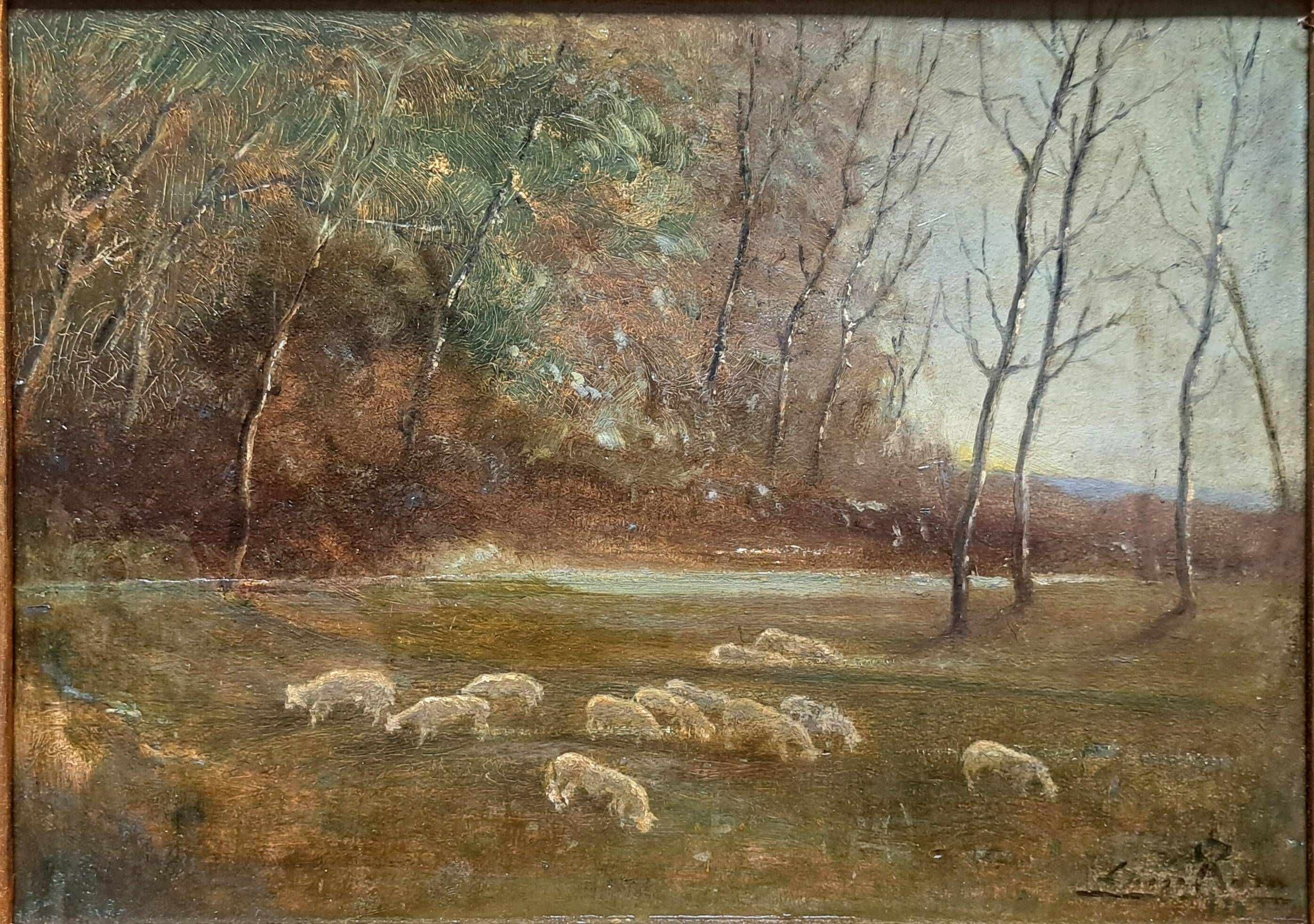 Impressionist painting, oil on wood signed, pastoral scene, Barbizon school