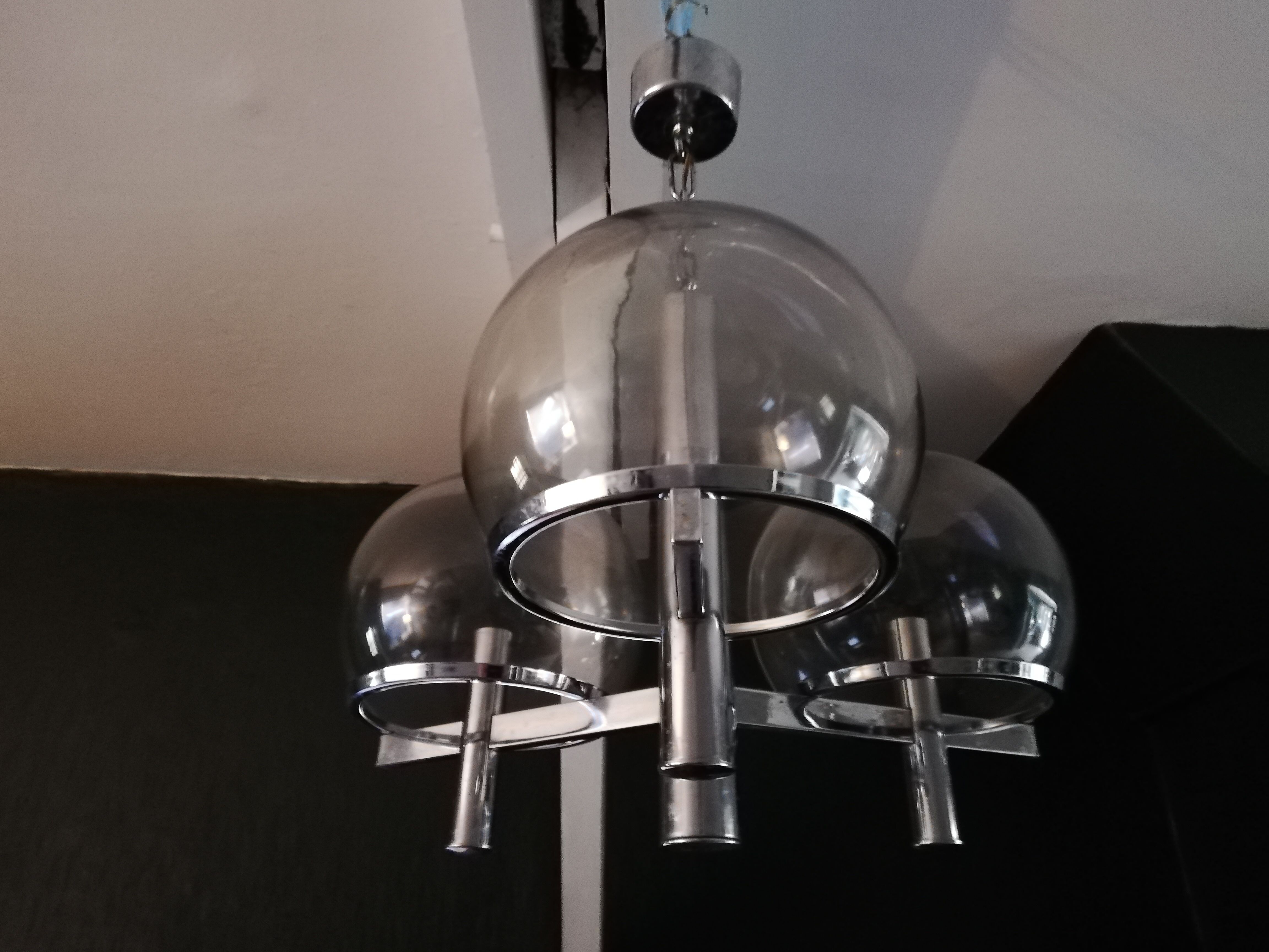 Metal chandelier chromed globes smoked glass Sciolari