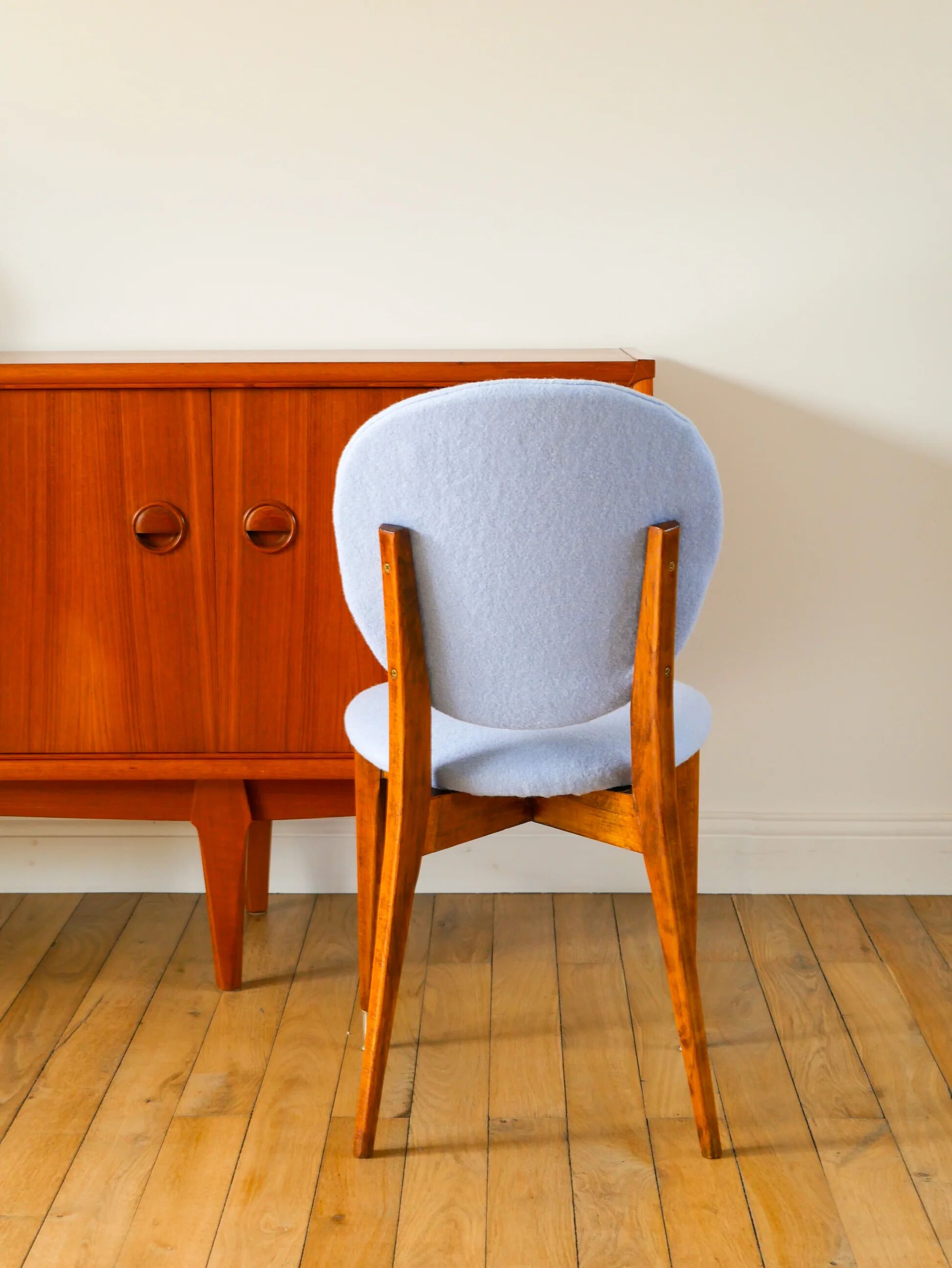 Beech wood chair, reupholstered in baby blue boiled wool, 1950.